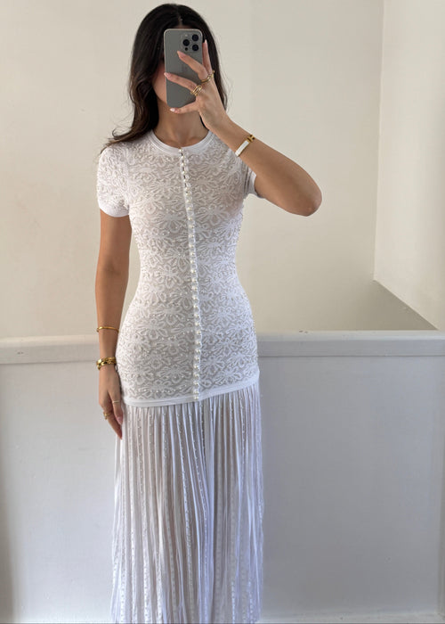 Damen Elara Strick-Maxikleid mit Perlen Weiß