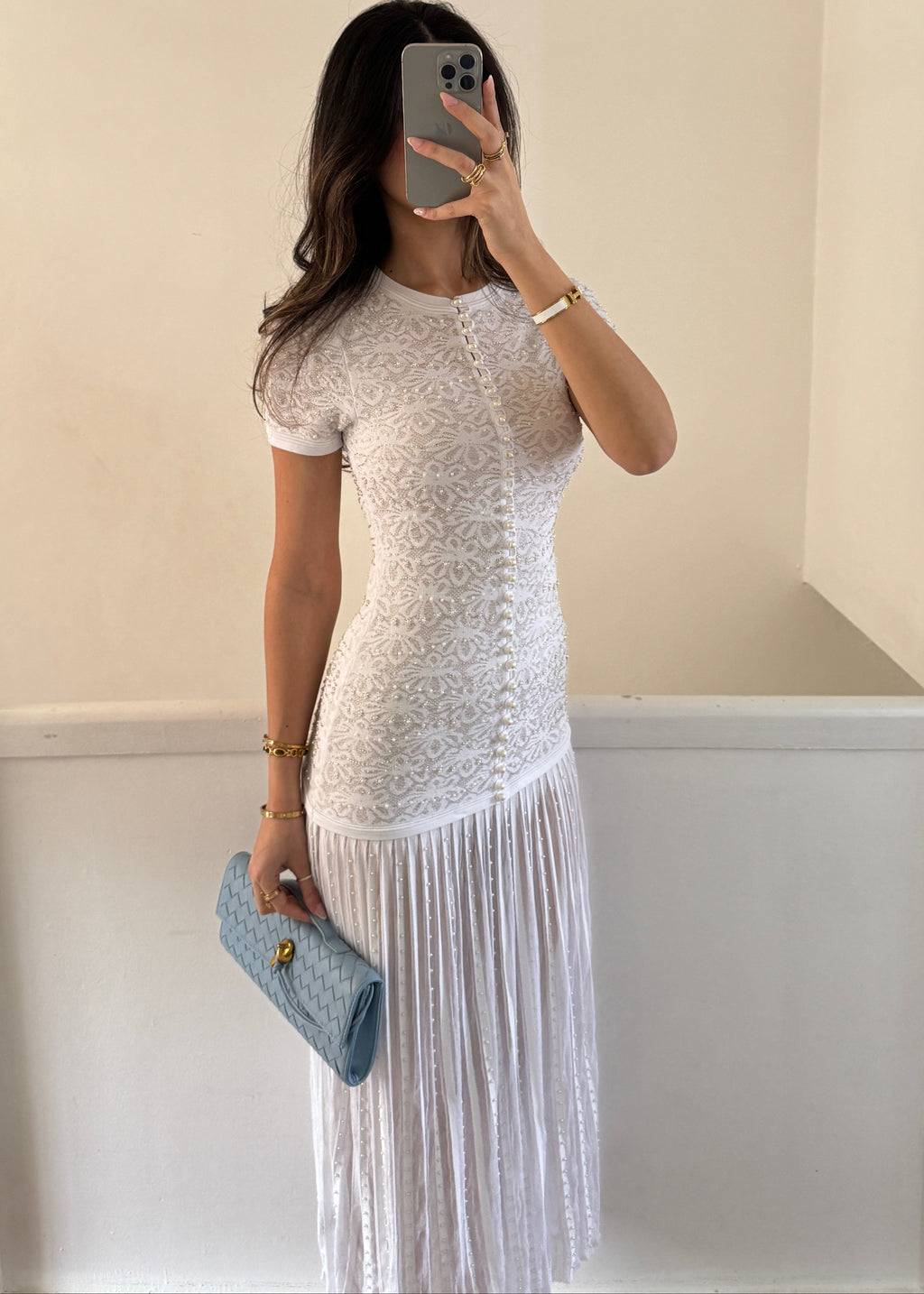 Damen Elara Strick-Maxikleid mit Perlen Weiß