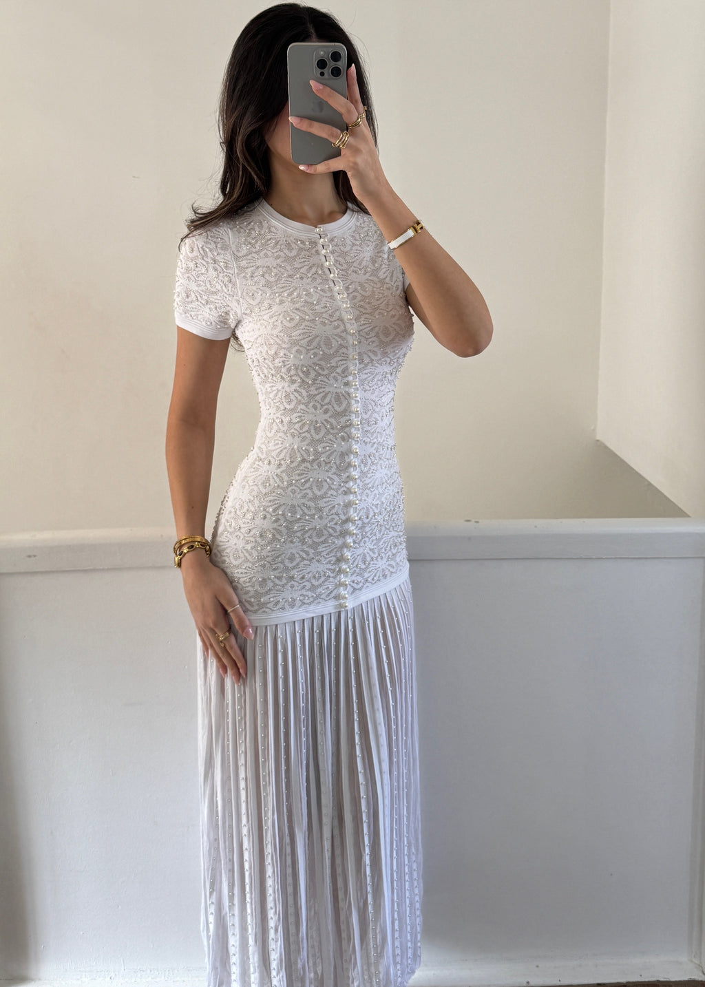 Damen Elara Strick-Maxikleid mit Perlen Weiß