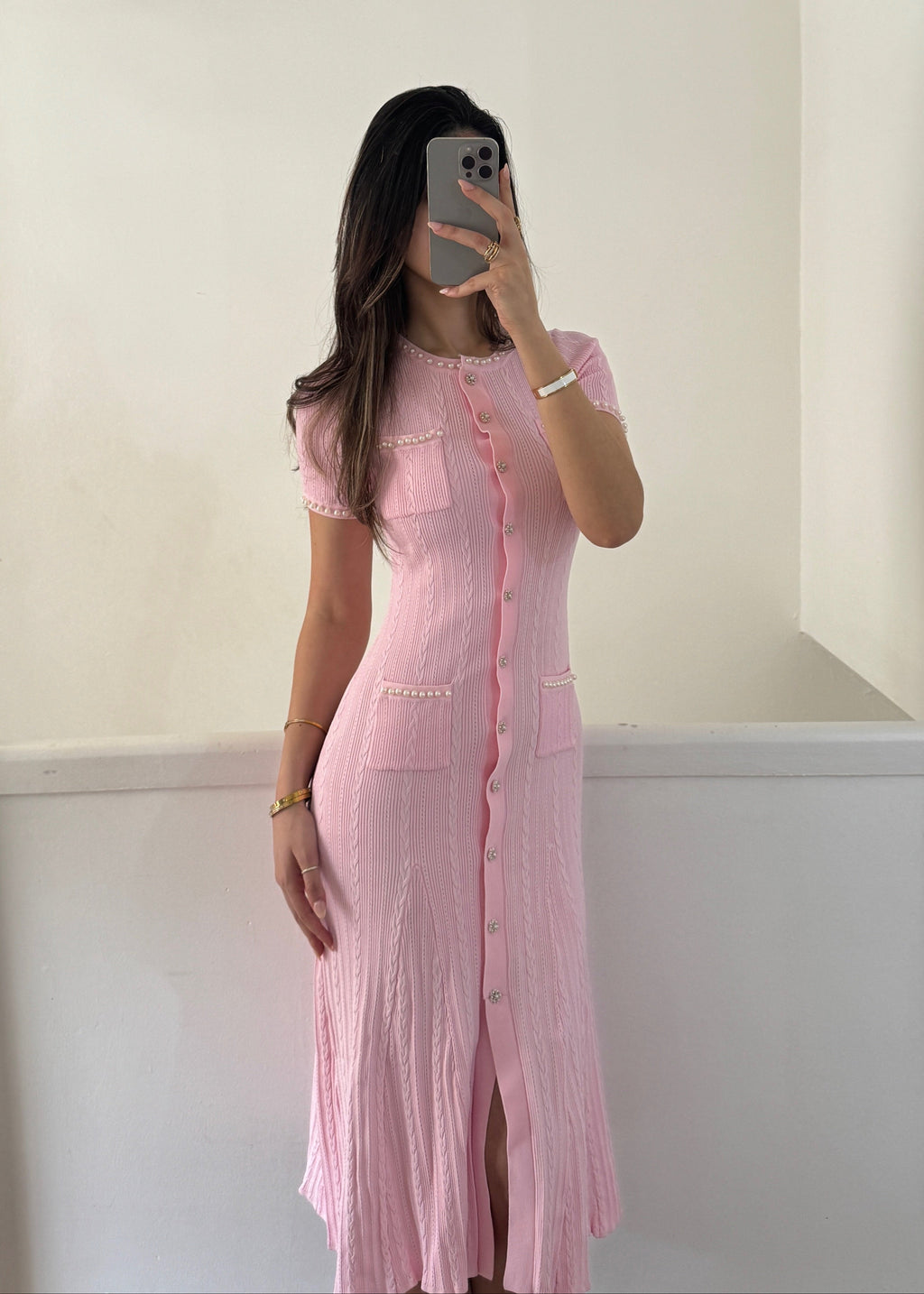 Damen Midi-Kleid Alyssa Babyrosa Gerippt